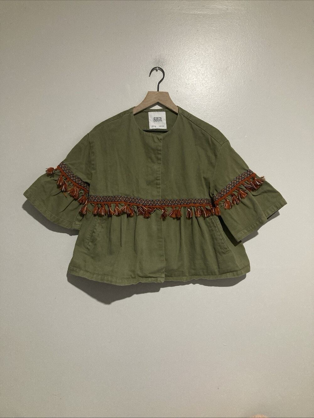 Zara Basic Dept Denim Green Jean Jacket Geometric Embroidery Tassels Size S